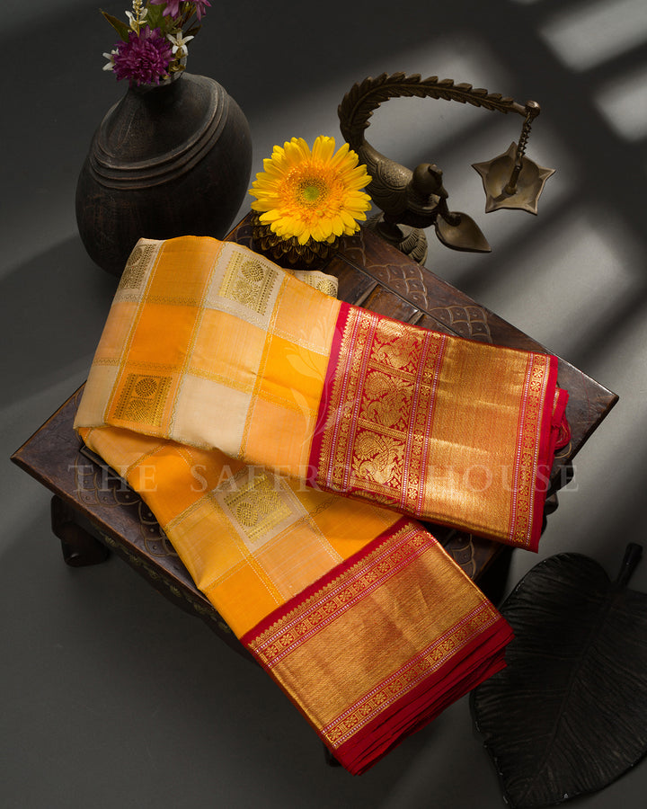 Mustard Yellow Checked Kanchivaram Silk Saree with Red Border, Gold Zari Pallu