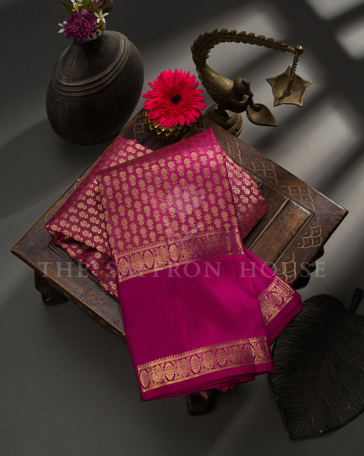 Magenta Kanchivaram Silk Saree with Zari Leaf Jaal, Peacock Border with Diamond Lattice Pallu