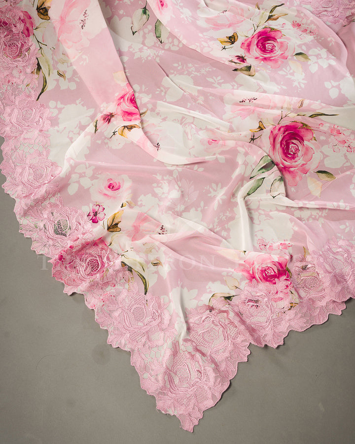 Blush Pink Organza Saree with Watercolour Rose Print, Scalloped Cutwork Lace Border