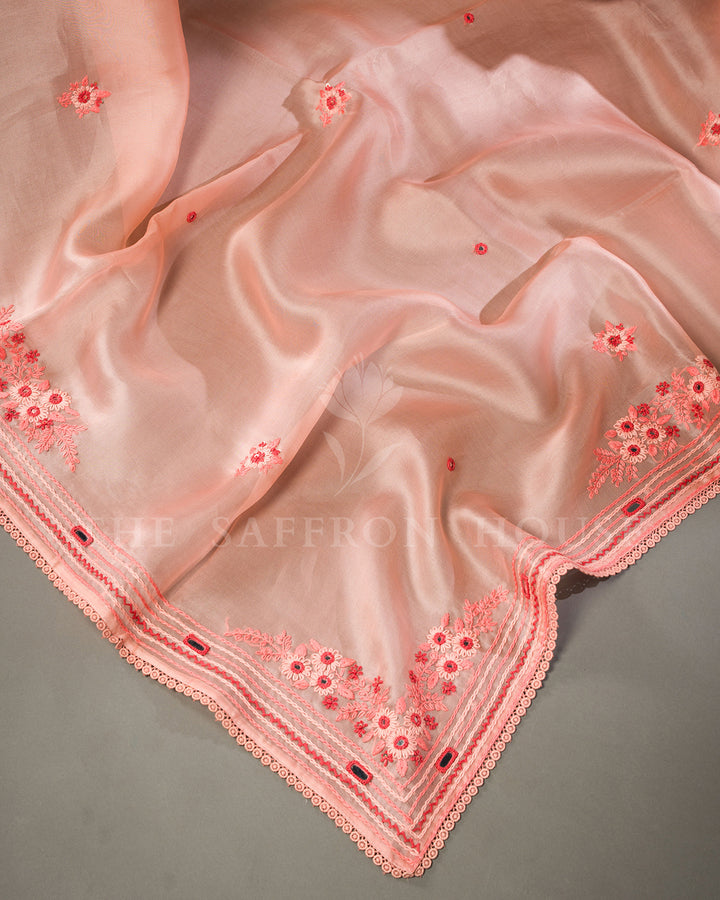 Peach Organza Saree with Floral Thread Embroidery, Mirror Work and Crochet Lace Border