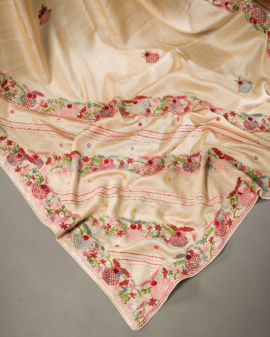 Cream Tussar Silk Saree with Multicolour Pomegranate Vine Embroidery and Mirror Work