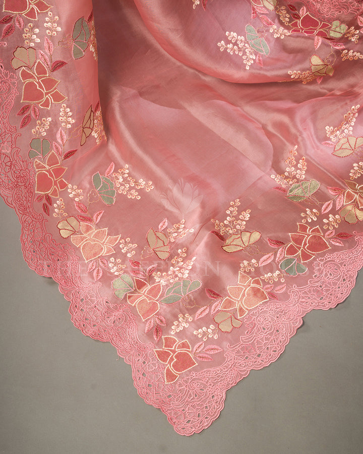Rose Pink Organza Saree with Applique Floral Embroidery and Cutwork Scallop Border