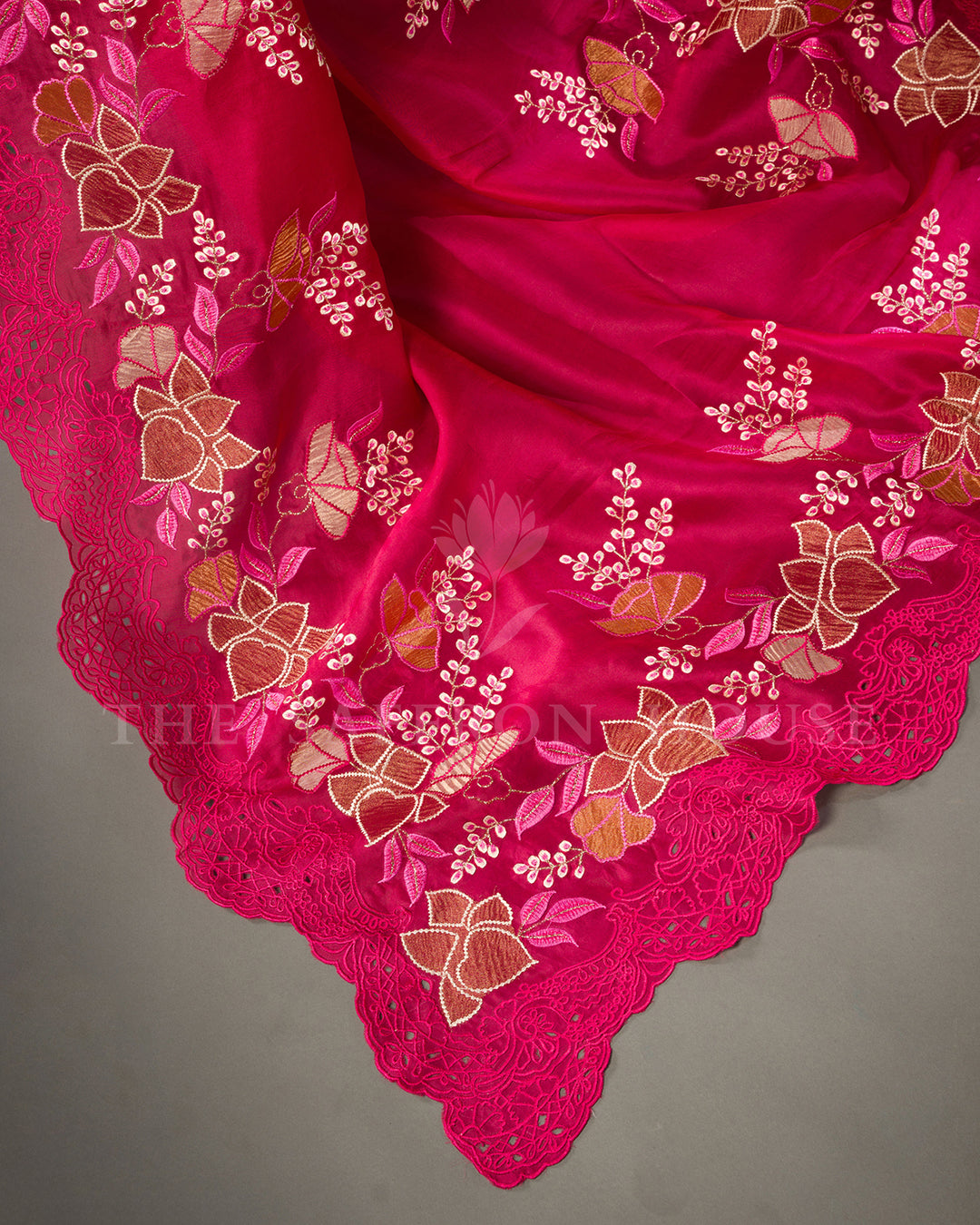 Rose Pink Tussar Silk Saree with Applique Floral Embroidery and Cutwork Scallop Border