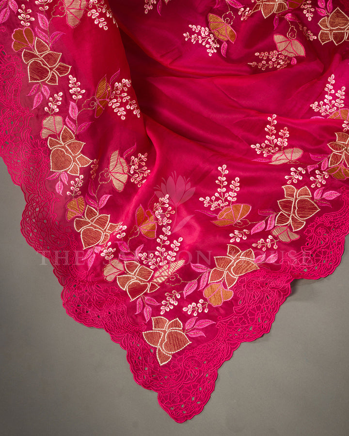 Rose Pink Tussar Silk Saree with Applique Floral Embroidery and Cutwork Scallop Border