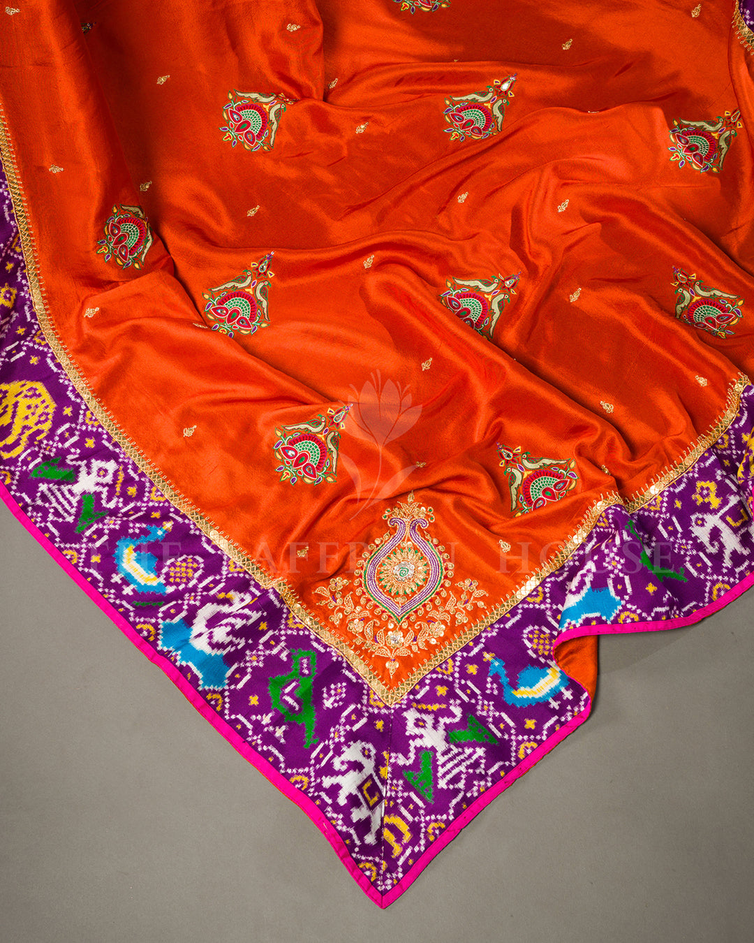 Marigold Orange Tussar Silk Saree with Ikat Fusion Border and Zardosi Buttas
