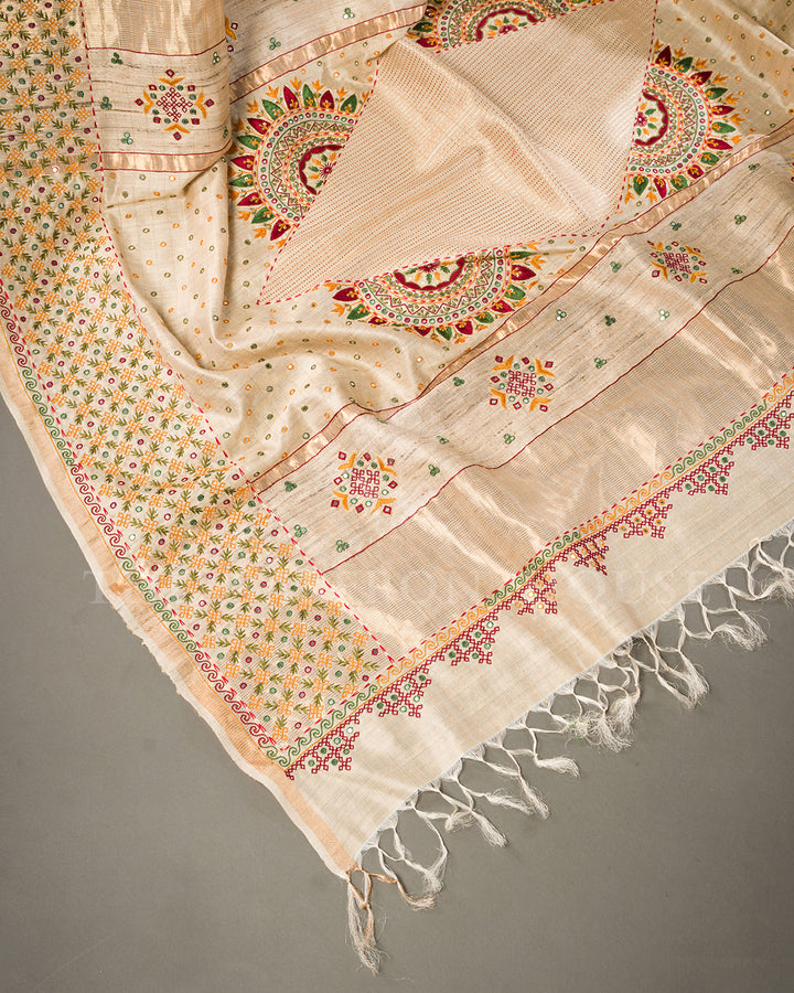 Natural Beige Tussar Silk Saree with Kutch Hand Embroidery and Mirror Work
