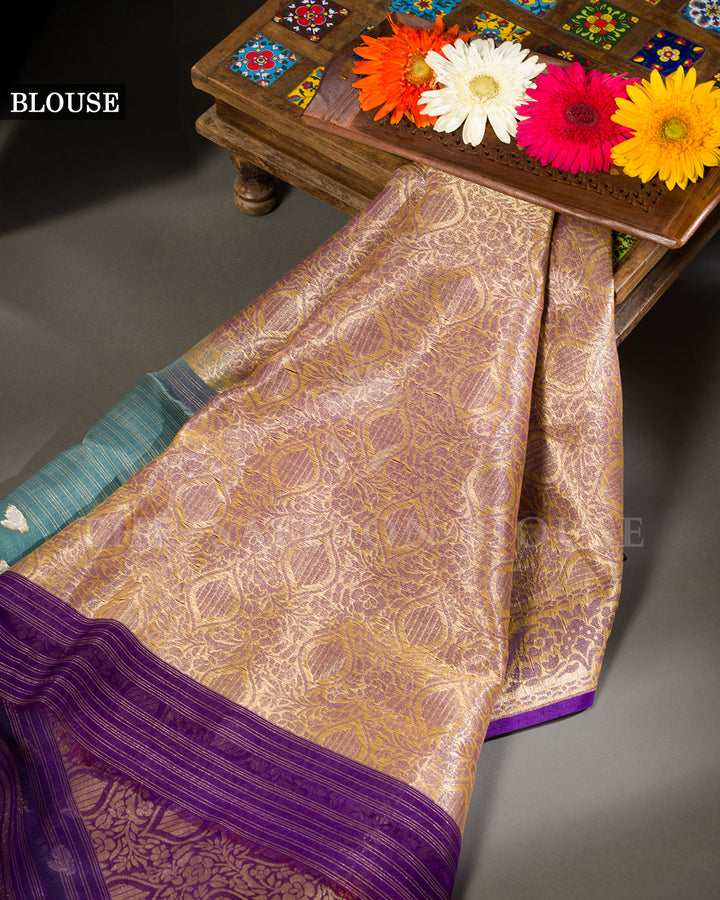 Teal Blue Tussar Silk Banarasi Saree with Meenakari Zari Medallions and Purple Border