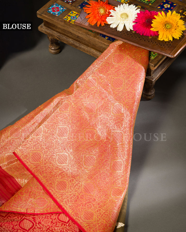 Olive Green Tussar Silk Banarasi Saree with Meenakari Zari Medallions and Red Border