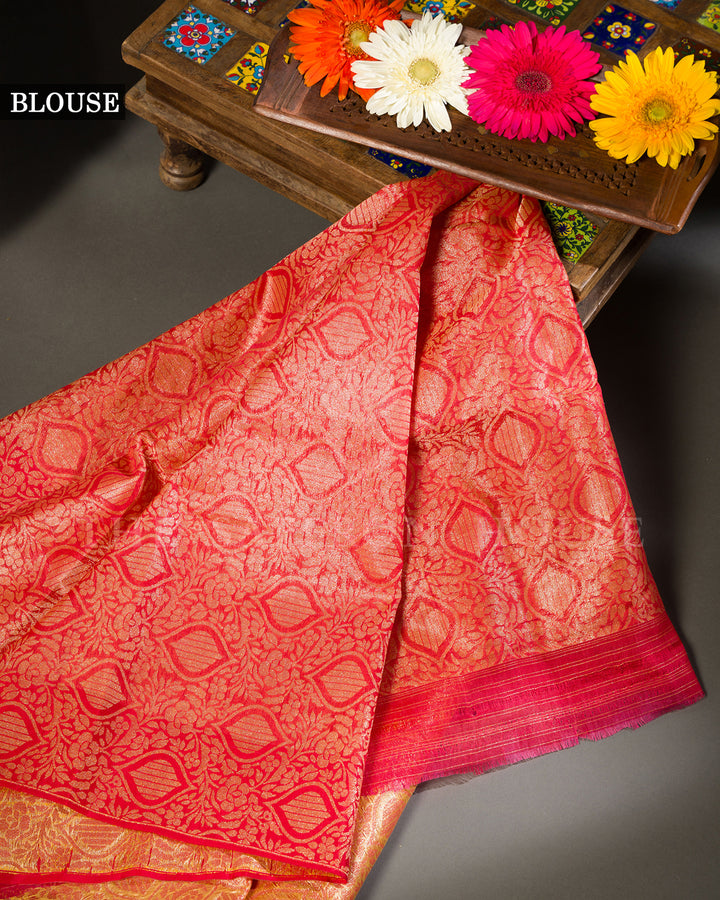 Dusty Rose Tussar Silk Banarasi Saree with Meenakari Zari Medallions and Red Border