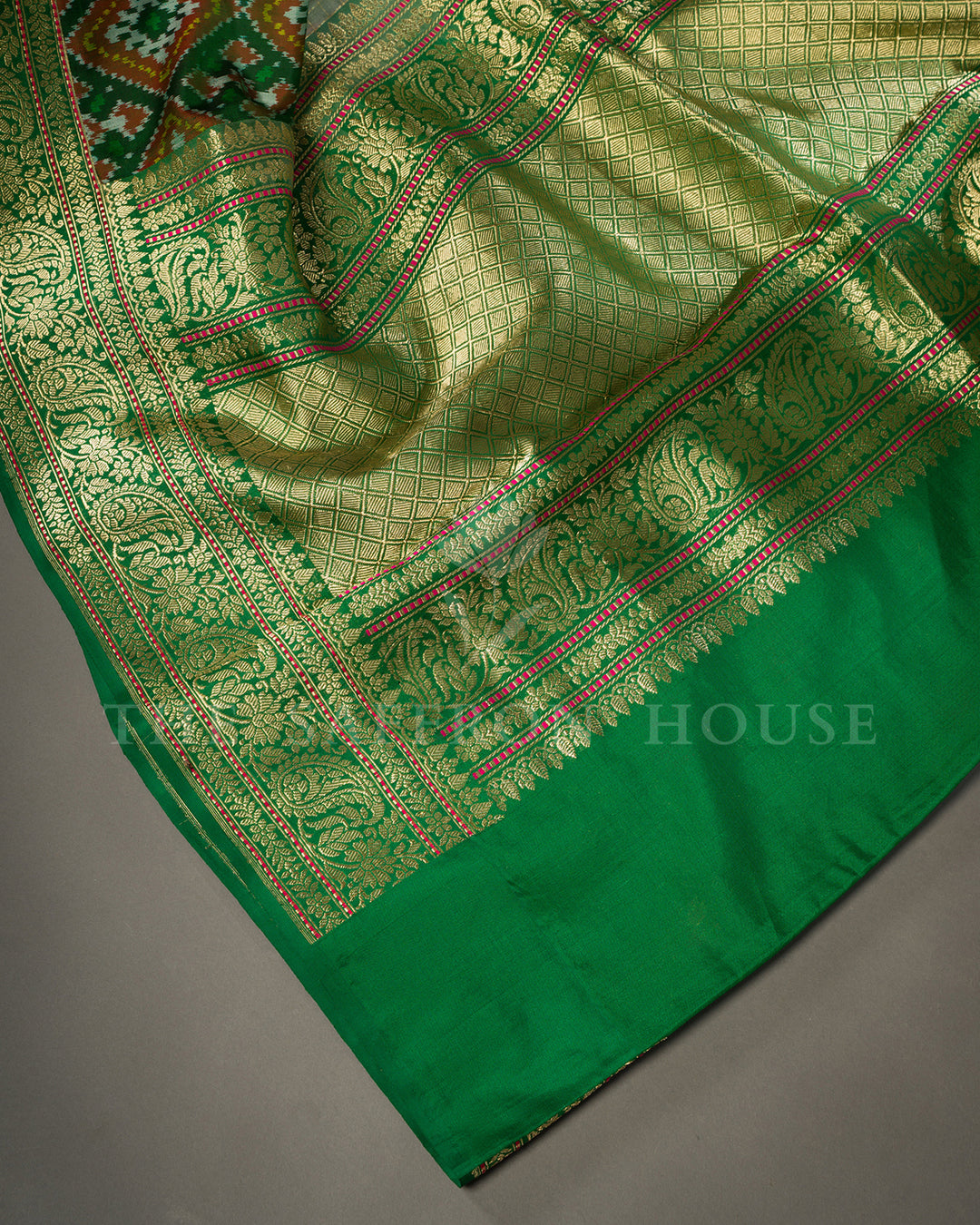 Pistachio Green Banarasi Organza with Patan Patola Fusion Border and Floral Brocade Blouse
