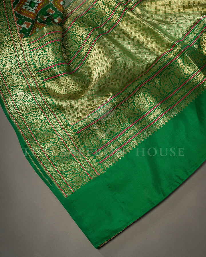 Pistachio Green Banarasi Organza with Patan Patola Fusion Border and Floral Brocade Blouse