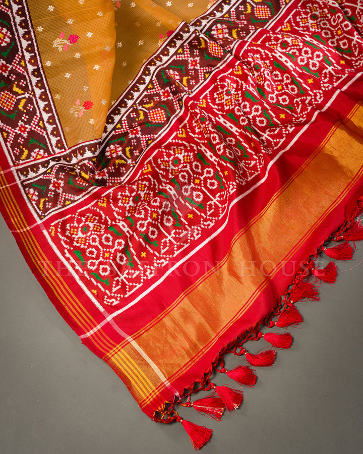 Marigold Orange Kota Saree with Patan Patola Fusion Border and Zari Butis