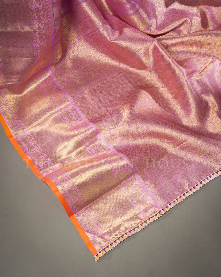 Orchid Lilac Kora Kanchivaram Silk Saree with Gold and Silver Zari Elephant Jaal