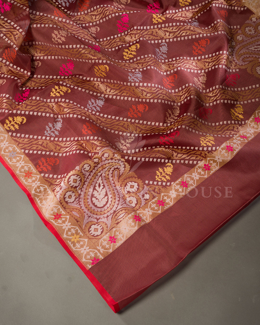 Rosewood Maroon Kora Jamdani Saree with Zari Vines and Multicoloured Butas