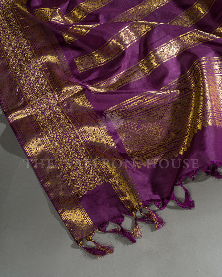 Orange & Purple Hand Embroidered Kanchivaram Silk Saree