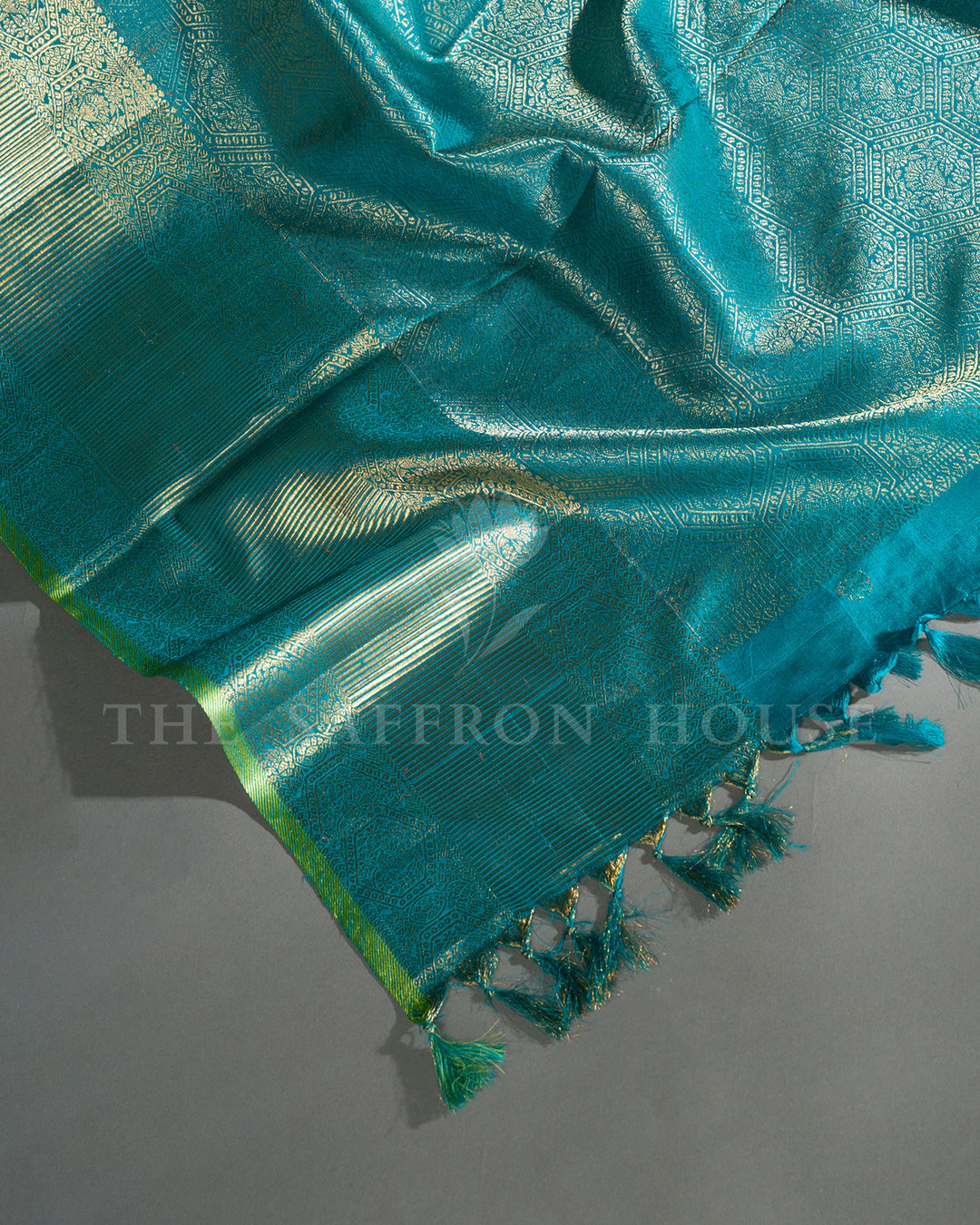 Sky Blue & Teal Hand Embroidered Kanchivaram Silk Saree