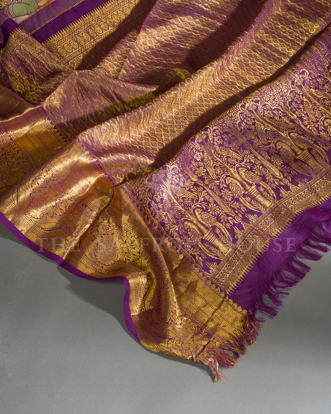 Peach & Purple Hand Painted Kalamkari Kanchivaram Silk Saree