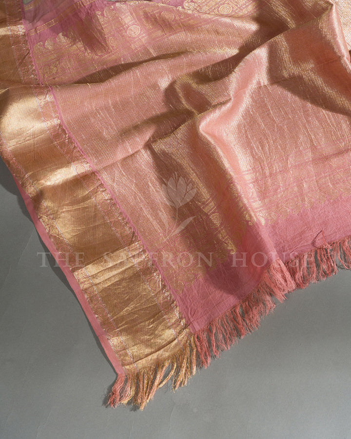 Beige & Pink Ashta Lakshmi Kalamkari Kanchivaram Silk Saree
