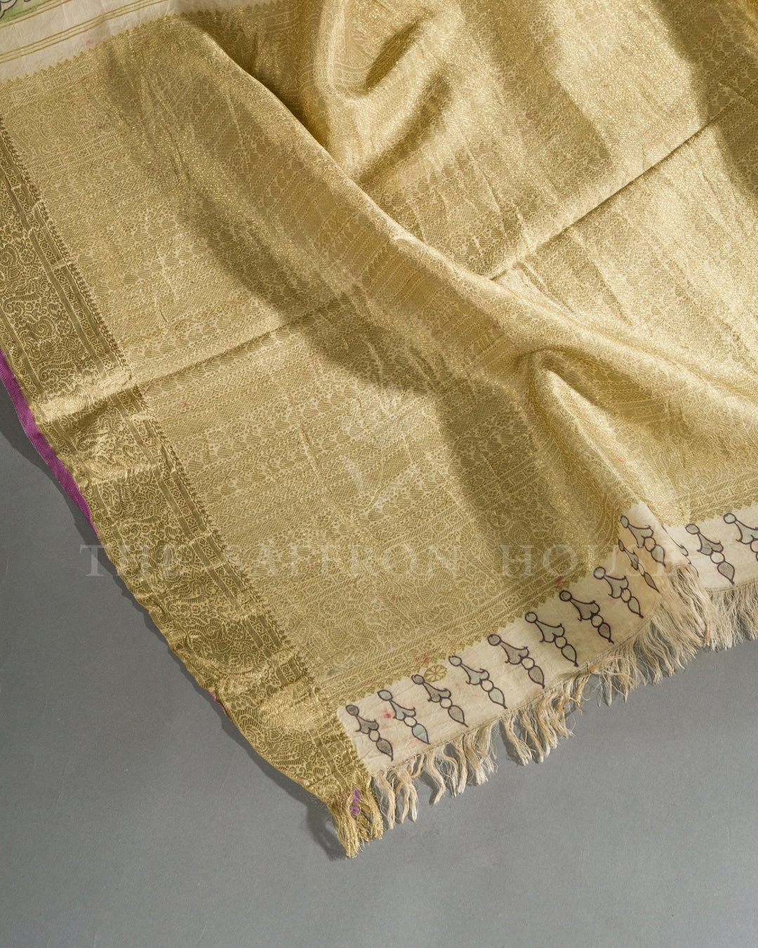 Cream & Gold Village Festival Kalamkari Kanchivaram Silk Saree
