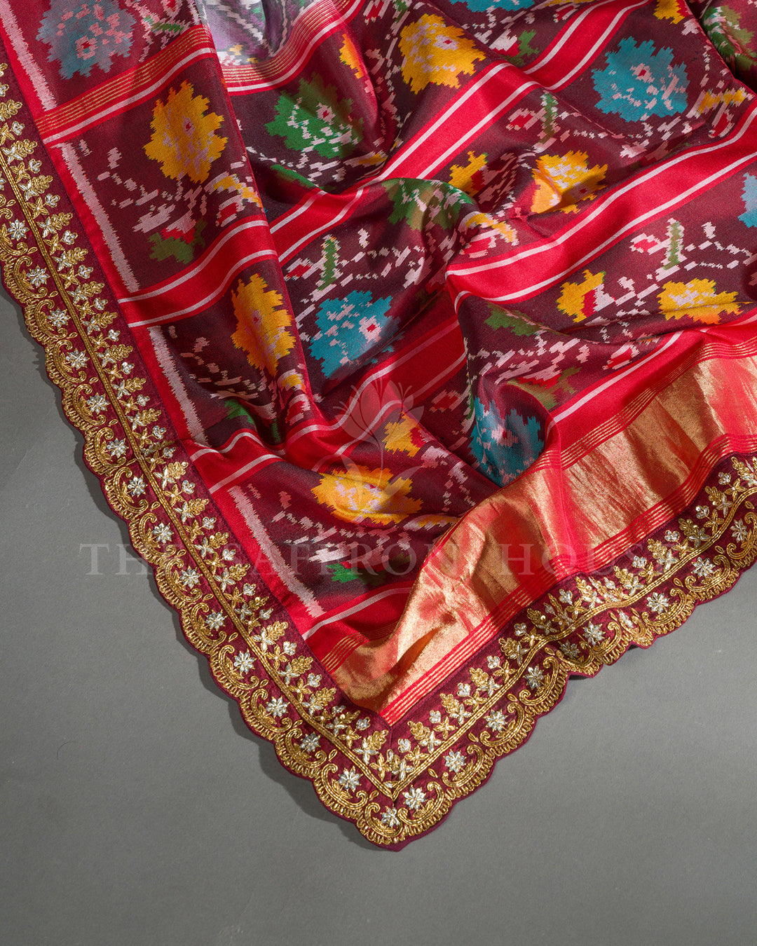 Lavender & Maroon Hand Embroidered Border Ikat Silk Saree