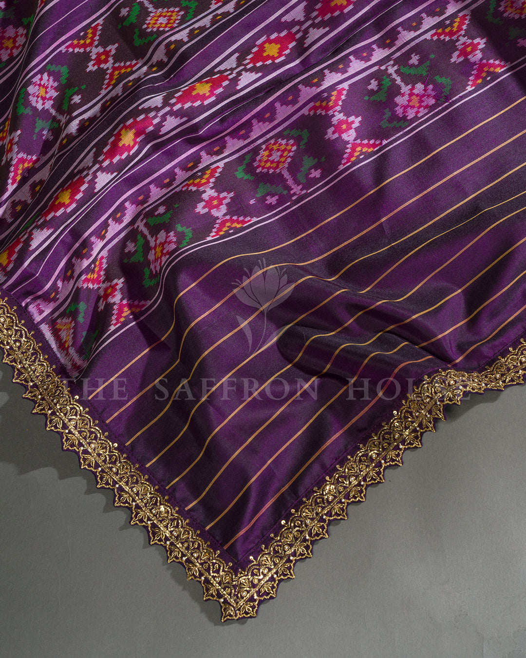 Purple Hand Embroidered Border Ikat Silk Saree