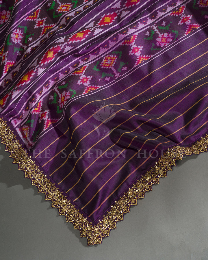 Purple Hand Embroidered Border Ikat Silk Saree