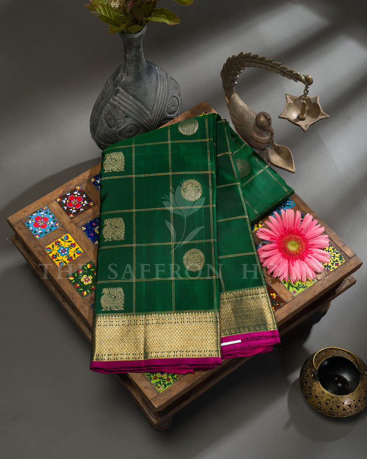 Bottle Green Kanchivaram Silk Saree with Zari Checks