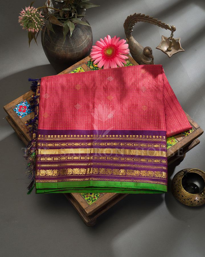 Coral Pink & Purple Gadwal Silk Saree