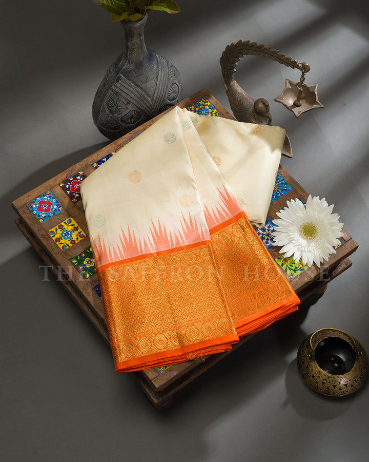 Off-White & Orange Korvai Kanchivaram Silk Saree
