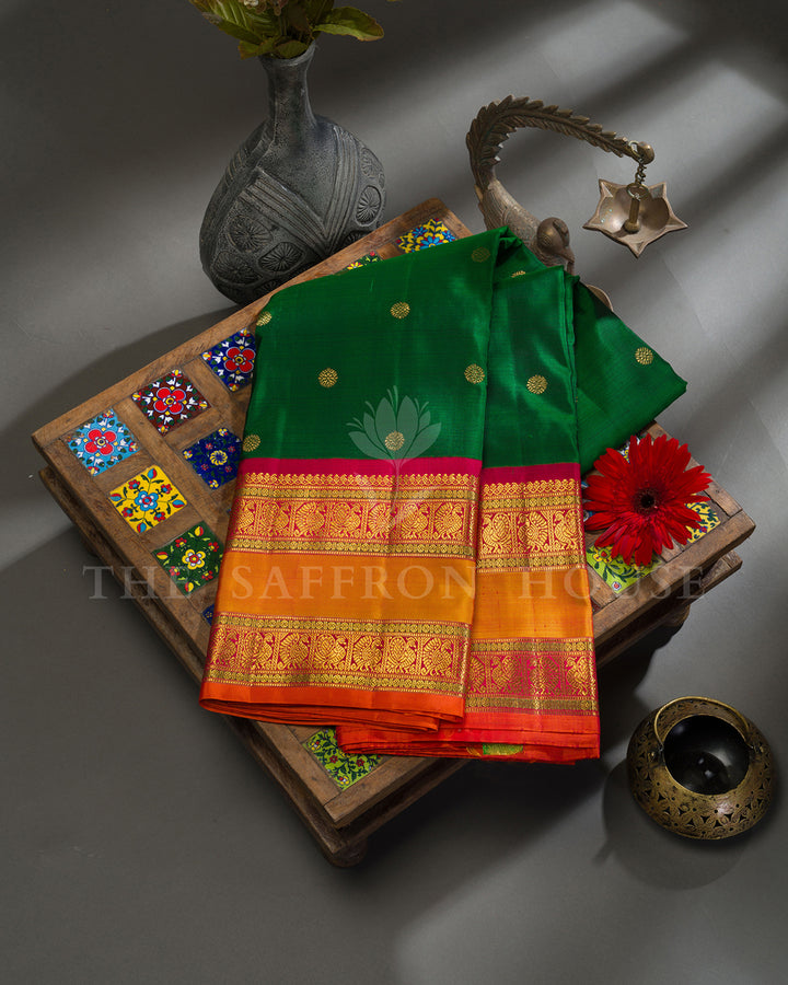 Green & Pink Korvai Kanchivaram Silk Saree