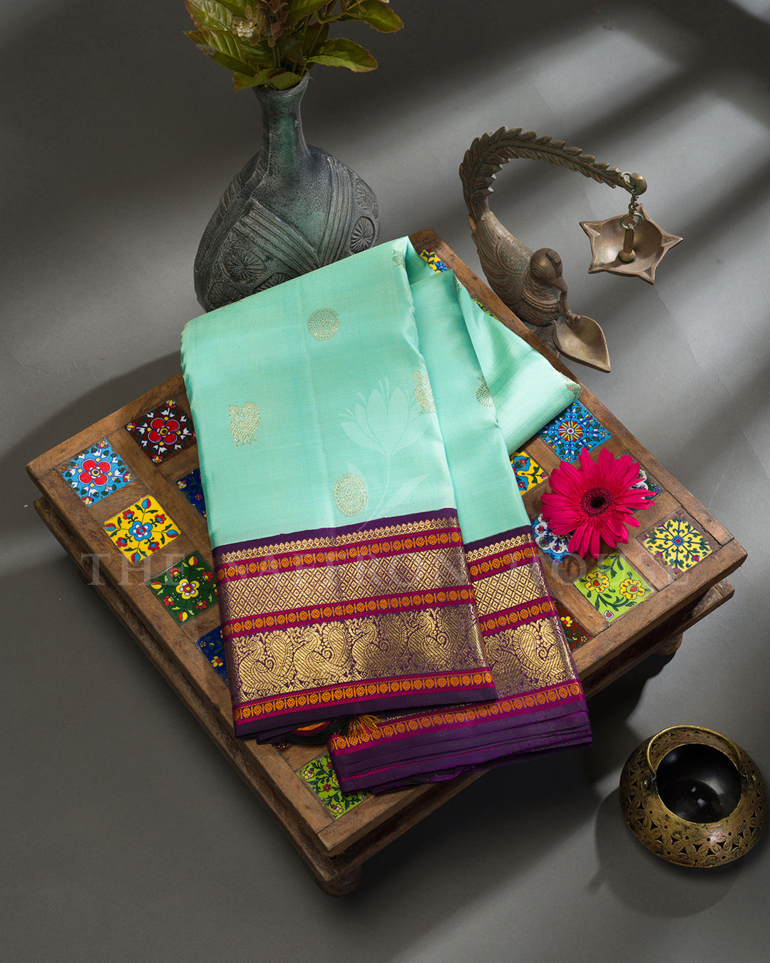 Aqua Blue & Purple Kanchivaram Silk Saree