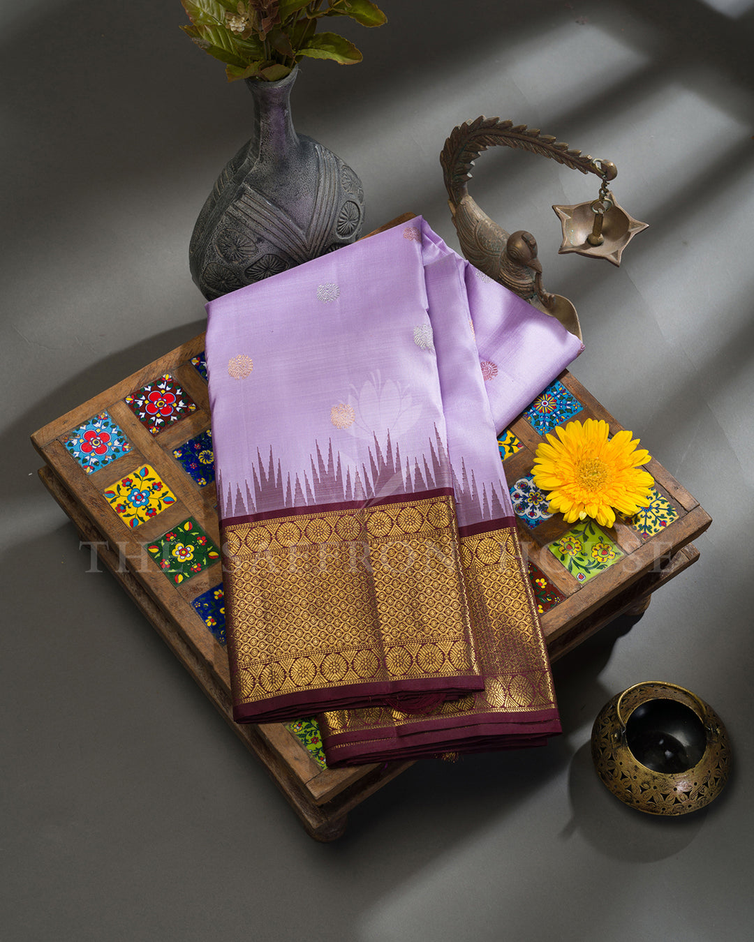 Lavender & Maroon Korvai Kanchivaram Silk Saree with Temple Border