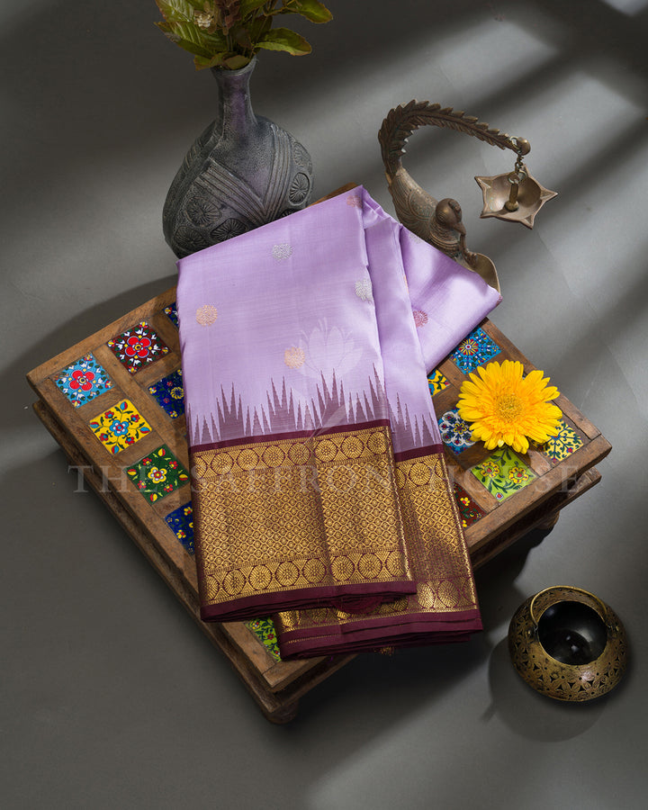Lavender & Maroon Korvai Kanchivaram Silk Saree with Temple Border