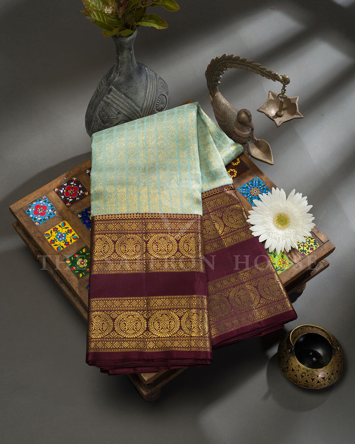 Pastel Green & Maroon Kora Kanchivaram Silk Saree