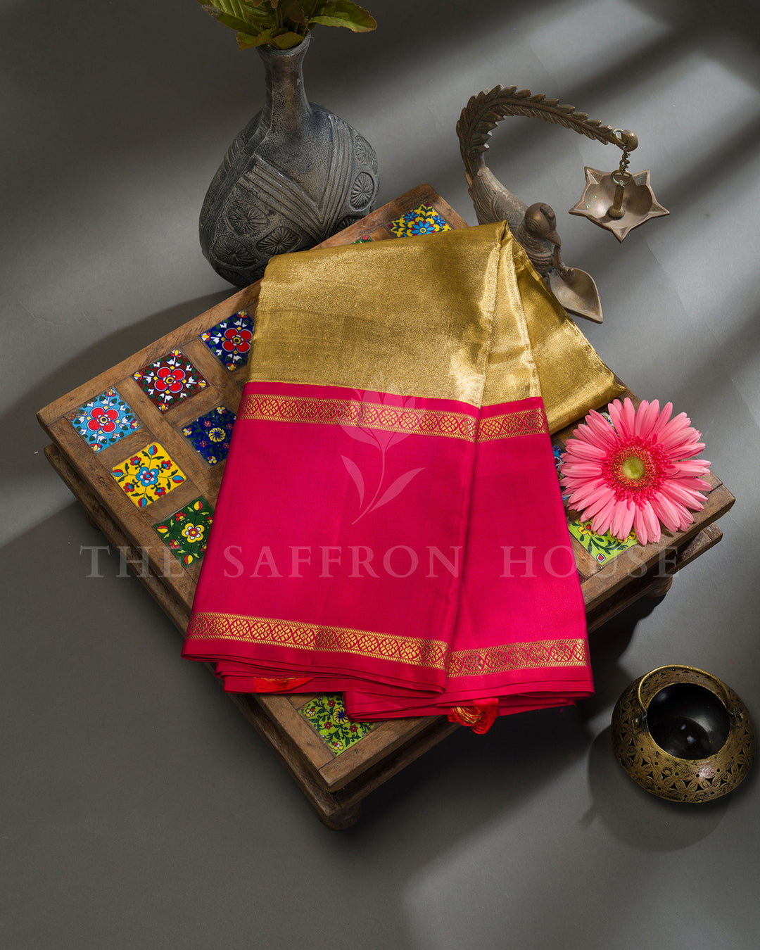 Gold Tissue Kanchivaram Silk Saree with Rani Pink Silk Border