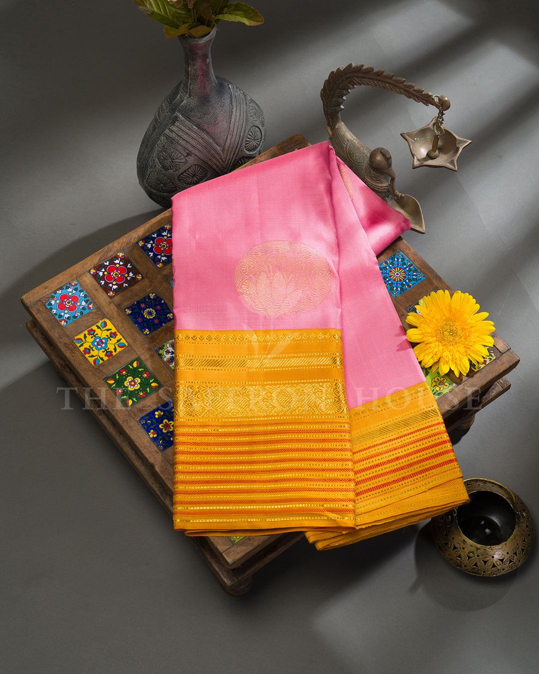 Baby Pink & Mustard Korvai Kanchivaram Silk Saree