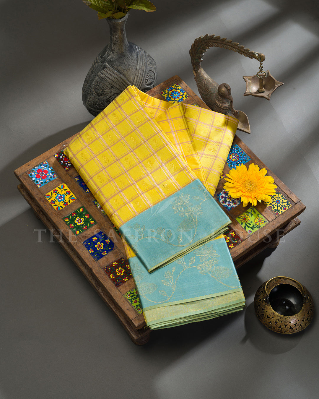 Yellow Checks Kanchivaram Silk Saree