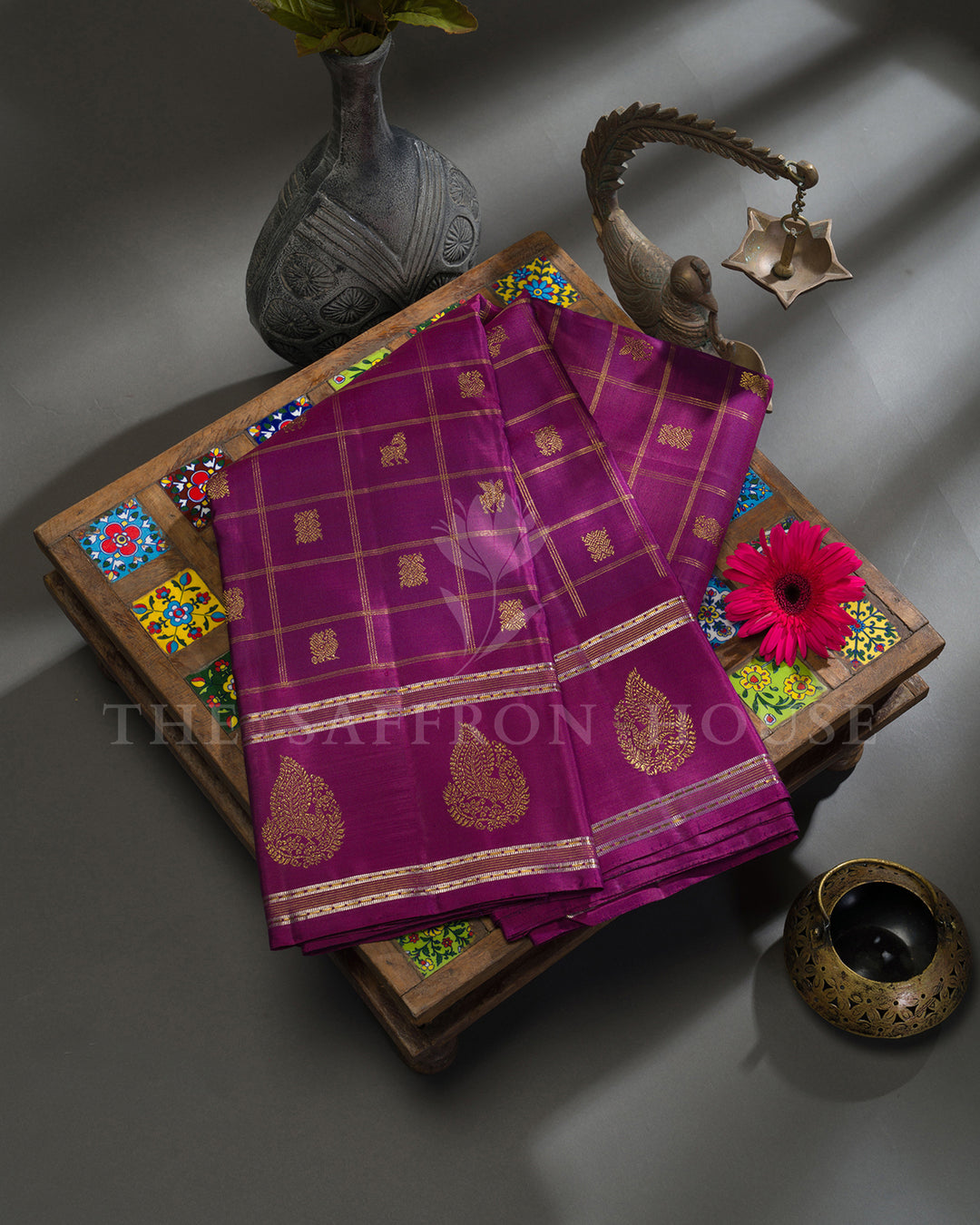 Deep Purple Checked Kanchivaram Silk Saree