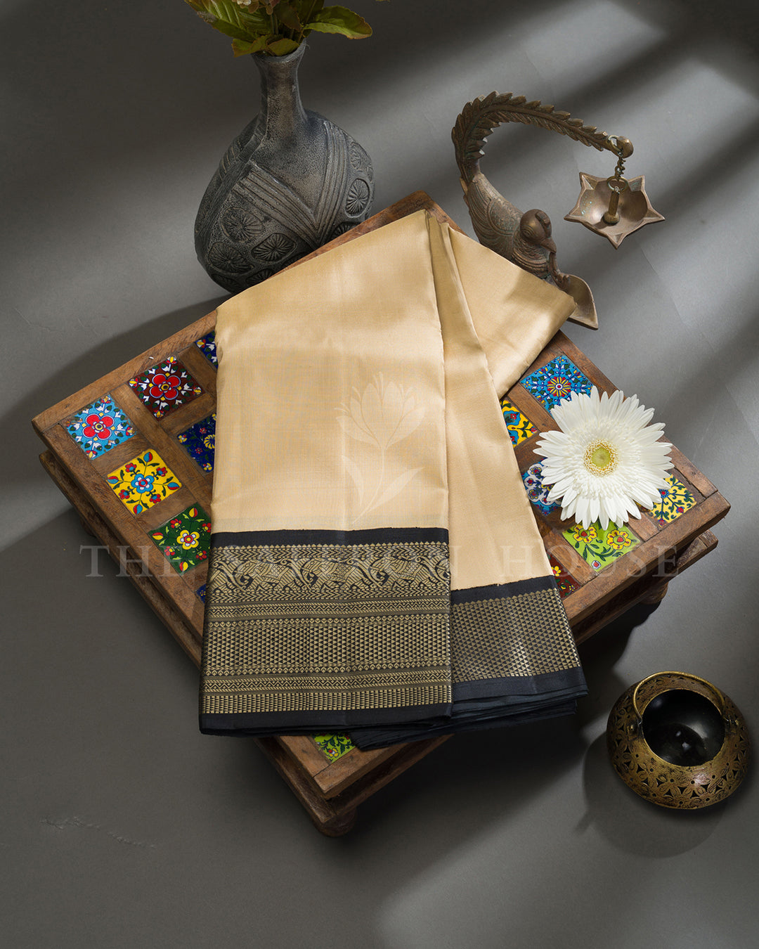 Cream & Black Thread Work Kanchivaram Silk Saree