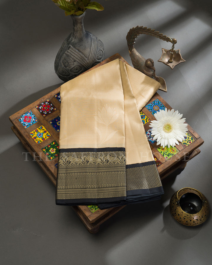 Cream & Black Thread Work Kanchivaram Silk Saree