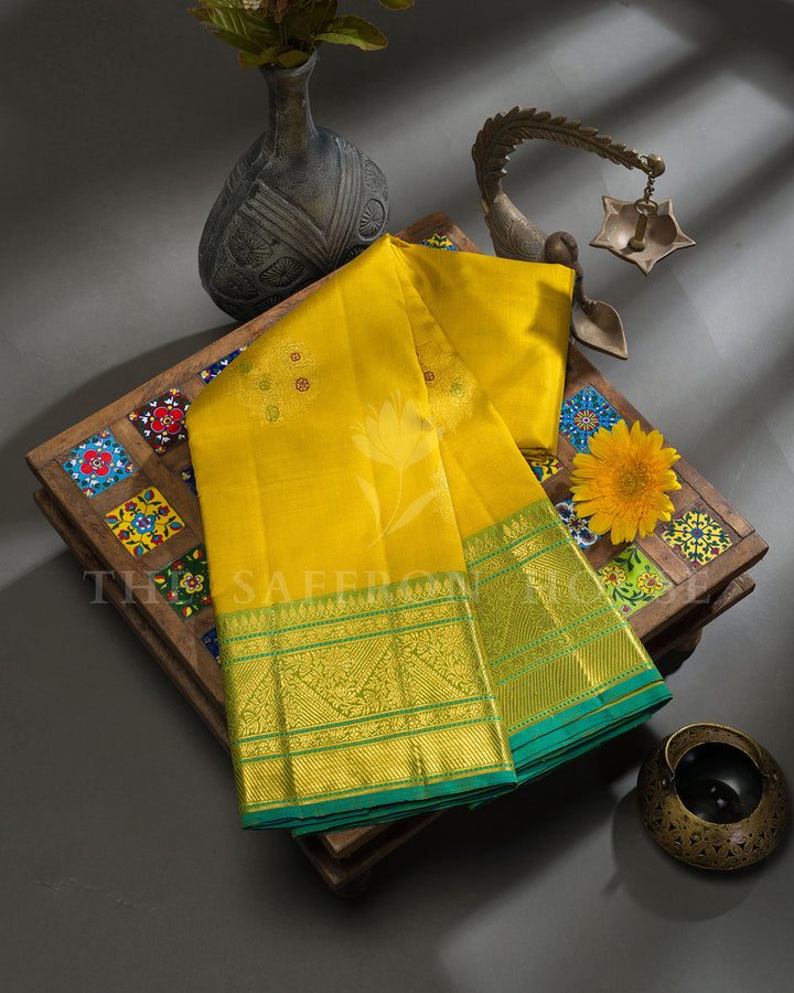 Mustard Yellow & Parrot Green Korvai Kanchivaram Silk Saree
