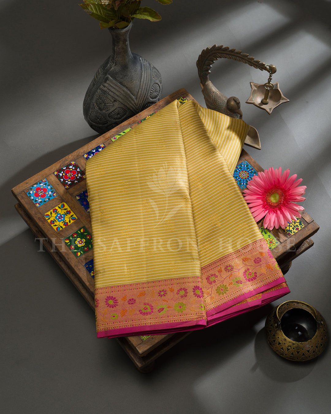 Mustard Striped Kanchivaram Silk Saree
