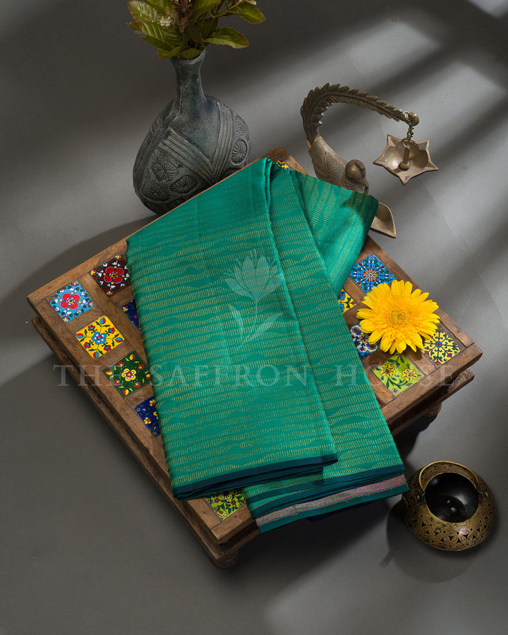 Teal Green Kanchivaram Silk Saree with Zari Wave Lines