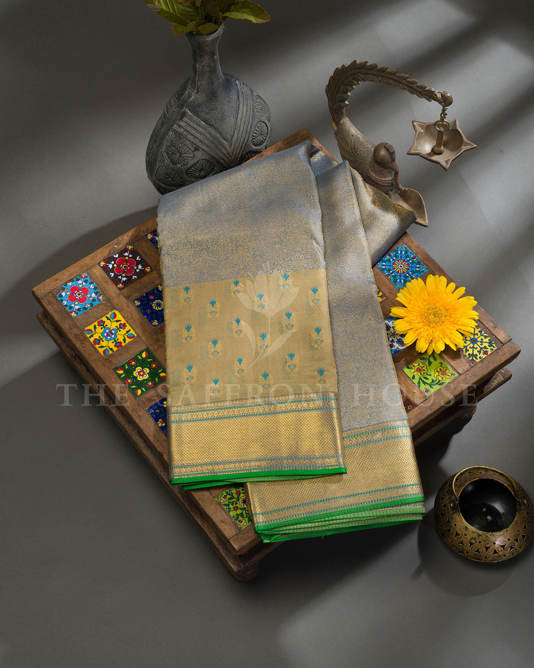 Steel Blue Kanchivaram Brocade Silk Saree with Kora Butta Panel