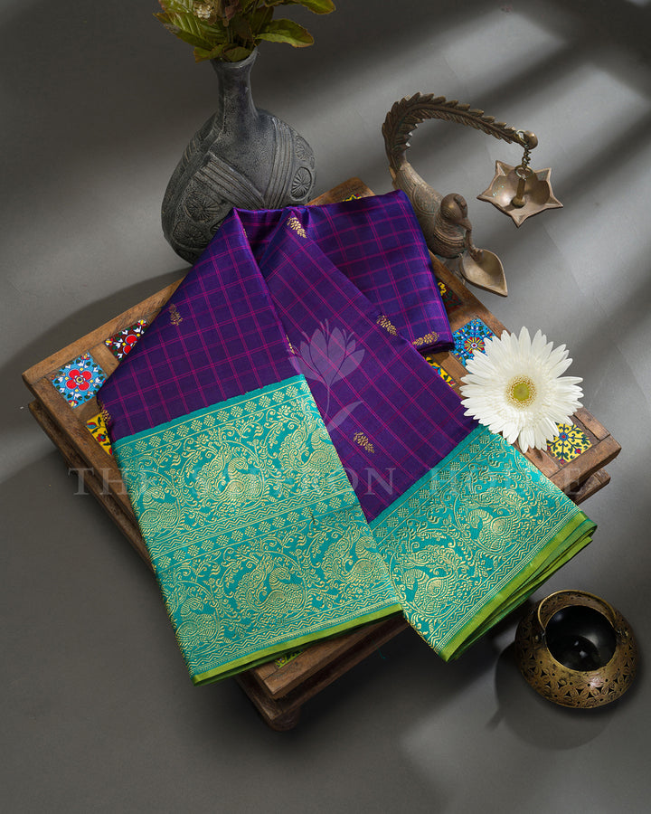 Purple Checks Kanchivaram Silk Saree