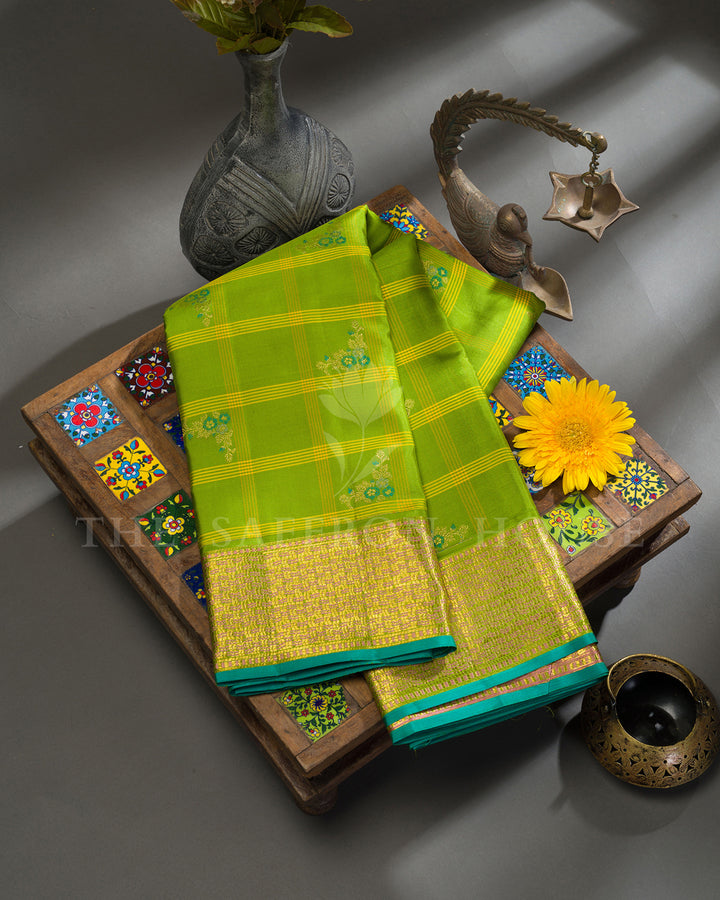 Parrot Green Kanchivaram Silk Saree with Yellow Checks