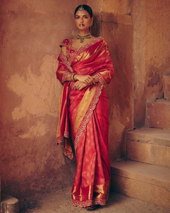 Crimson Red Pure Kanjivaram Silk Saree with All-Over Gold Zari Brocade & Hand-Embroidered Kundan Scallop Border
