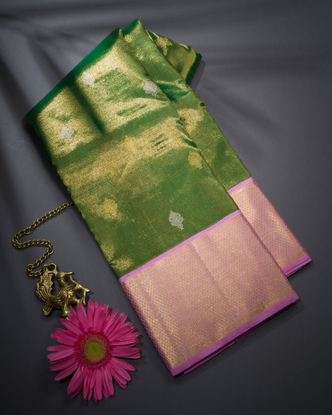 Green And Light Pink Handwoven Kanjivaram Silk Saree - TSH2506111-View1