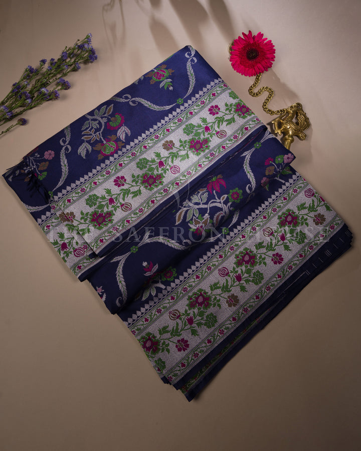 Midnight Navy Katan Banarasi Saree with Resham Floral Jaal and Silver Zari Border