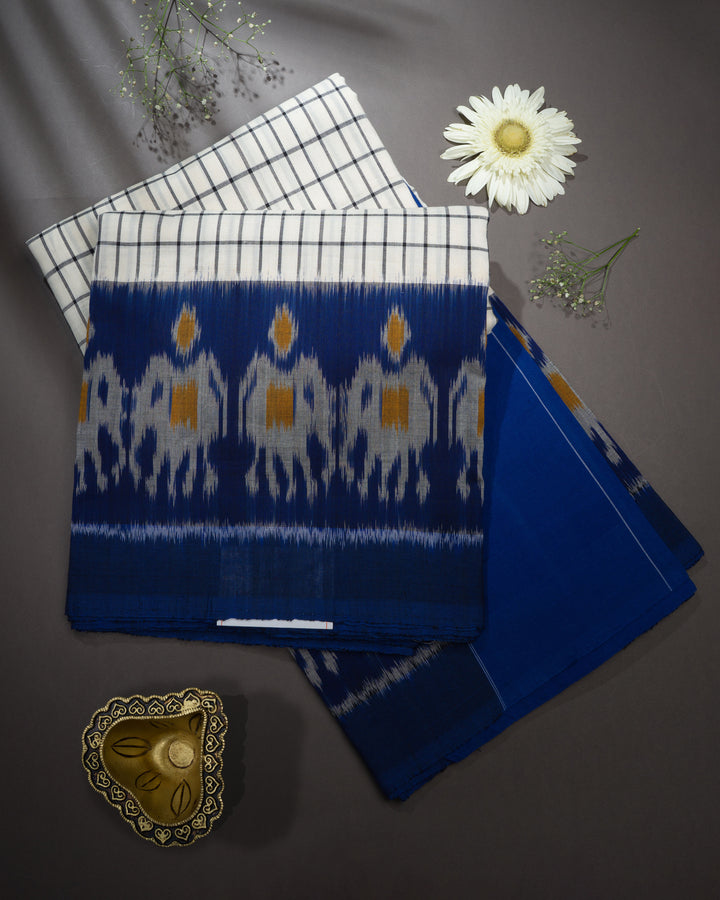 White And Blue Handloom Cotton Saree with Ikkat Border- TSH2506086-view1